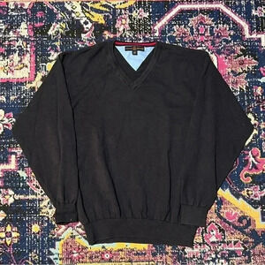 Tommy Hilfiger Sweater Mens Large White Long Sleeve V Neck Pullover Adult Navy